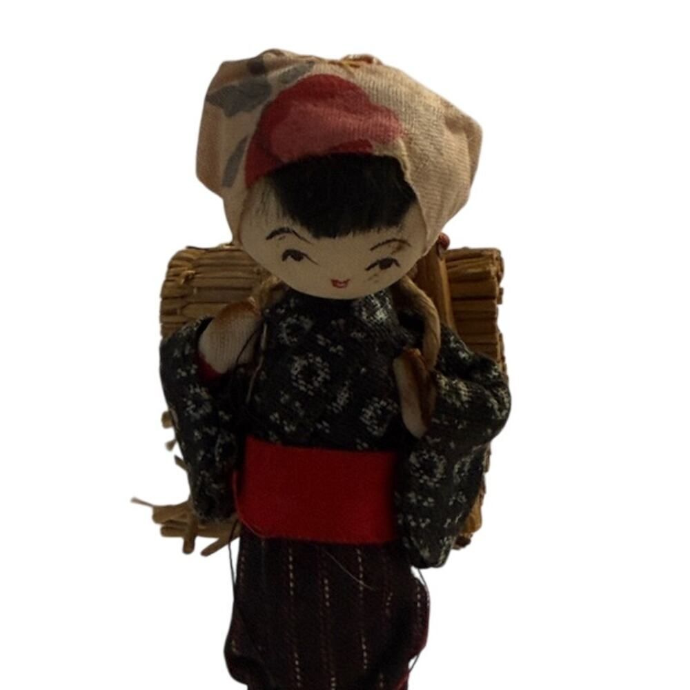Japanese Folk Art Doll Ningyo Figurine Hand Painted Silk Face 4.5"